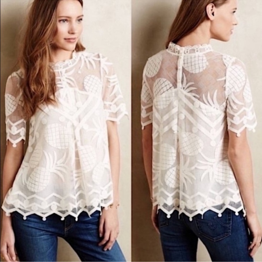 Anthropologie HD in Paris Ivory Lace Pineapple Sheer with Lining Pina Top 2P